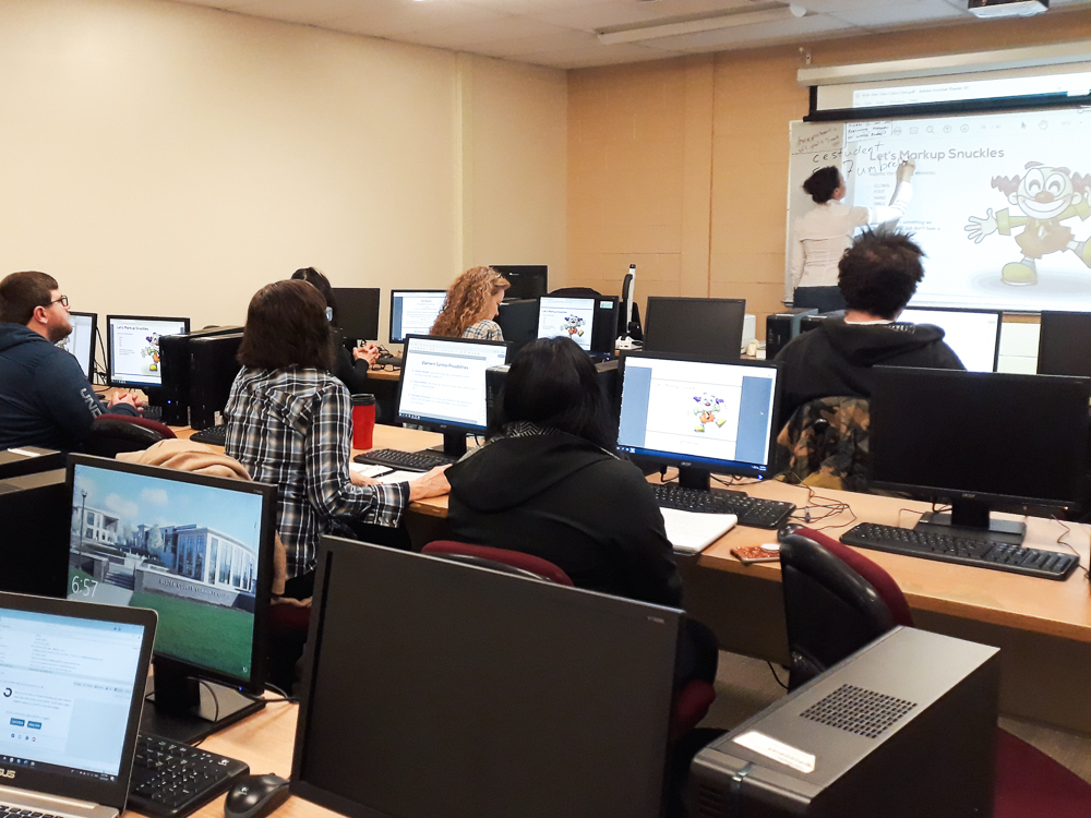 a class of students learning in front of desktop computers